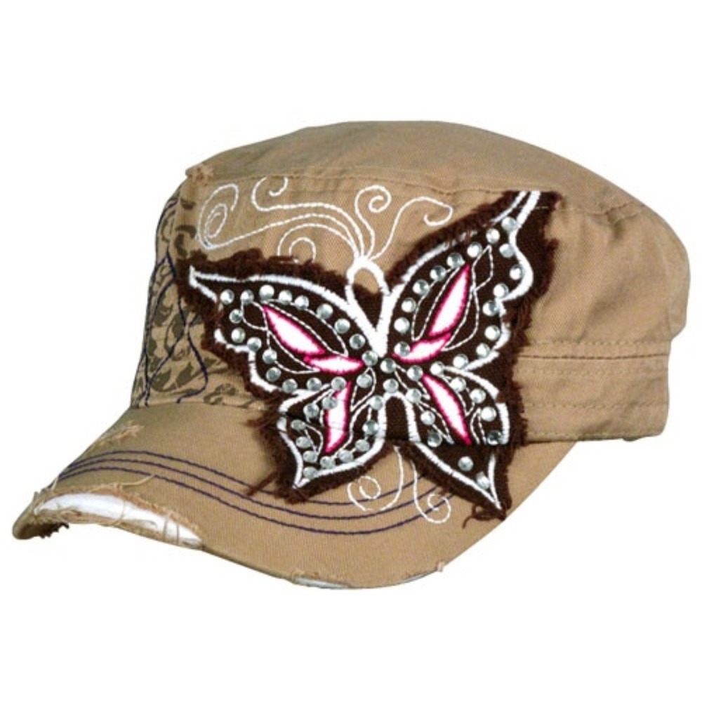 Leader Cadet Hat Women Tan Butterfly Rhinestone Distressed Military Cap Y2K Boho